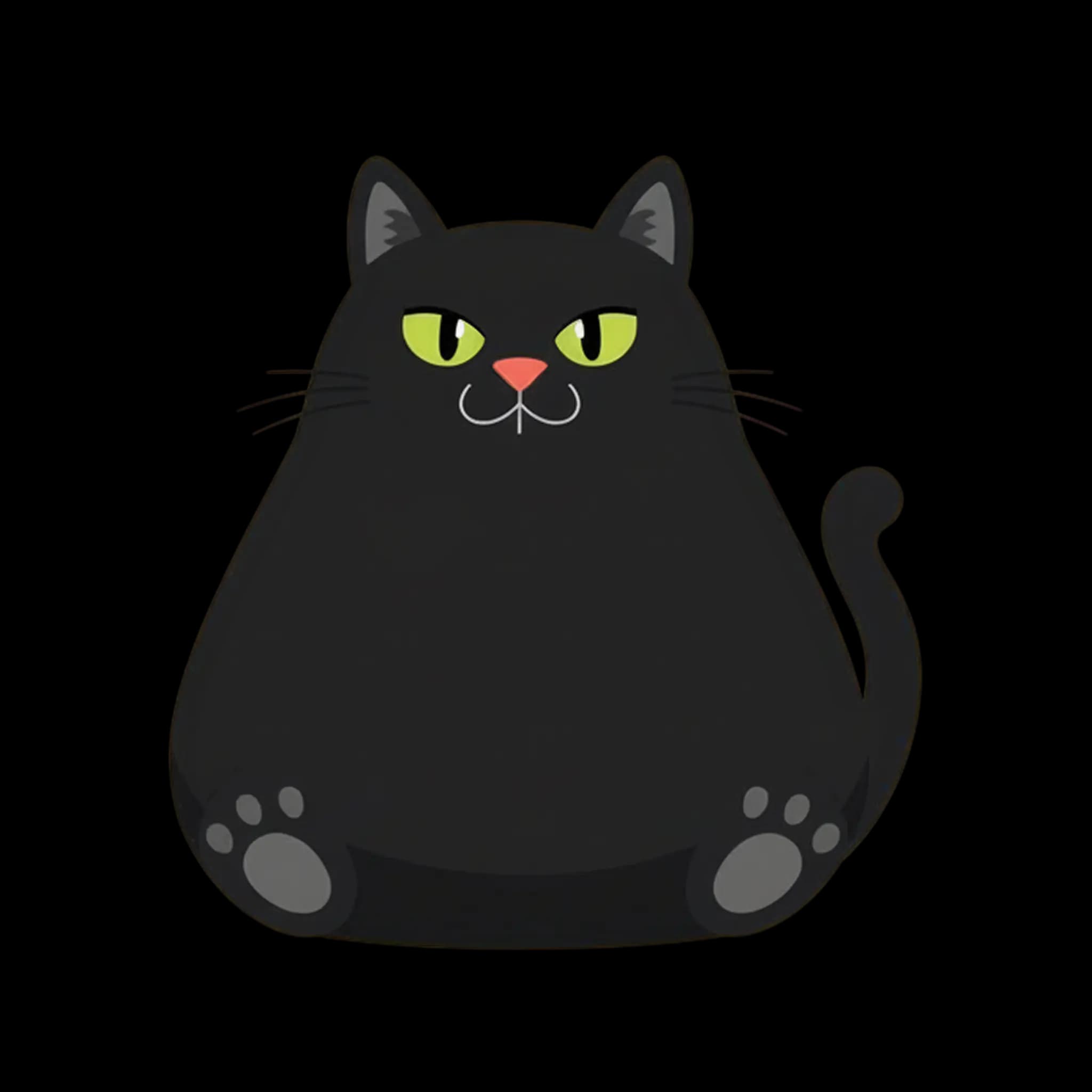 A chubby black cat with green eyes staring straight at you